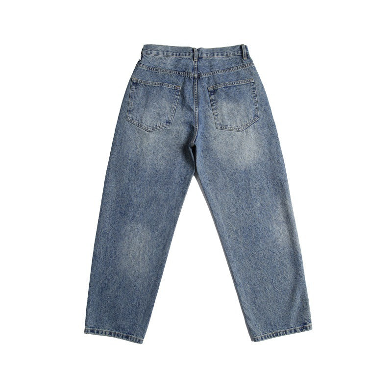 Japanese Retro Light Denim Wear-Resistant Jeans with Red Handmade Patches