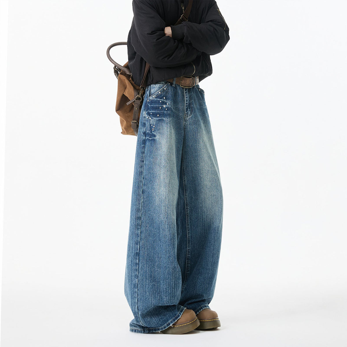 Washed Denim Men's Straight Leg Loose Rivet Pants