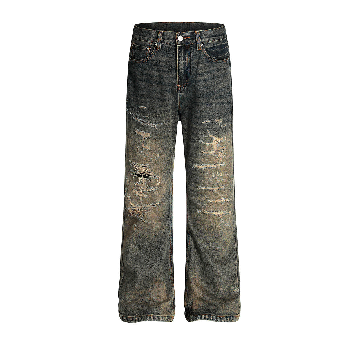 Washed Dirty Dyed Denim Straight Leg Micro Flared Pants
