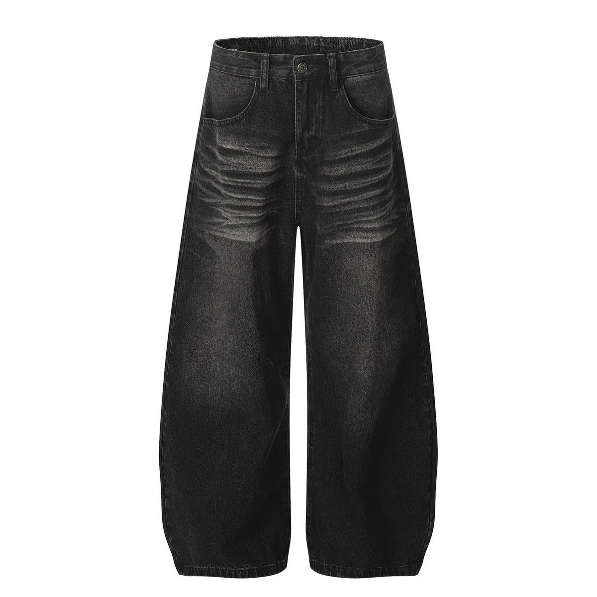 Style Washed Black Vintage Cat-Whisker Pattern Design Men's Loose Knife Cut Jeans