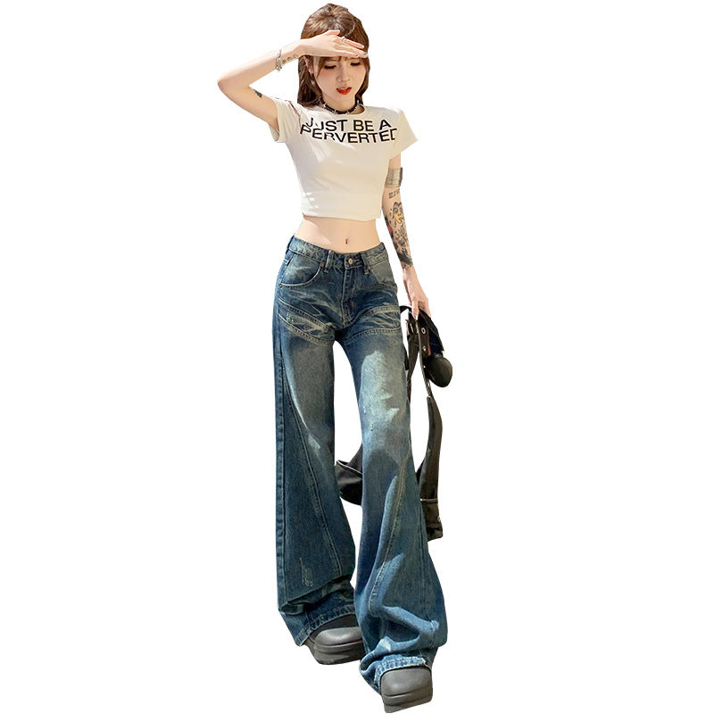Women's Loose Denim Pants - Low Waist Straight Wide Leg Trousers