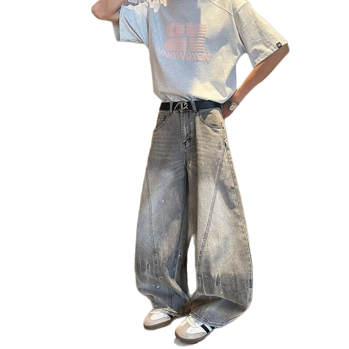 Washed Curved Knife Denim Loose Drape Wide Leg Floor Length Pants