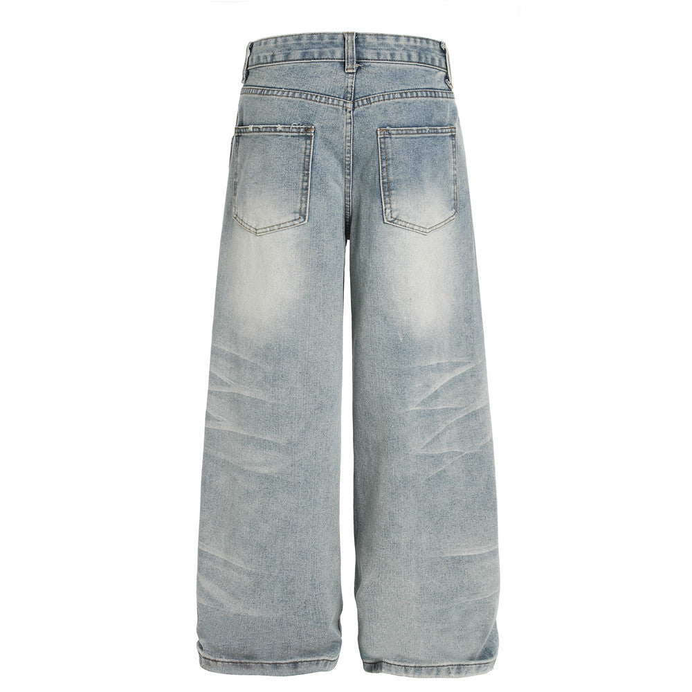 Punk Washed Gradient Wave Pattern Denim Pants - Men's Loose Wide Leg Jeans