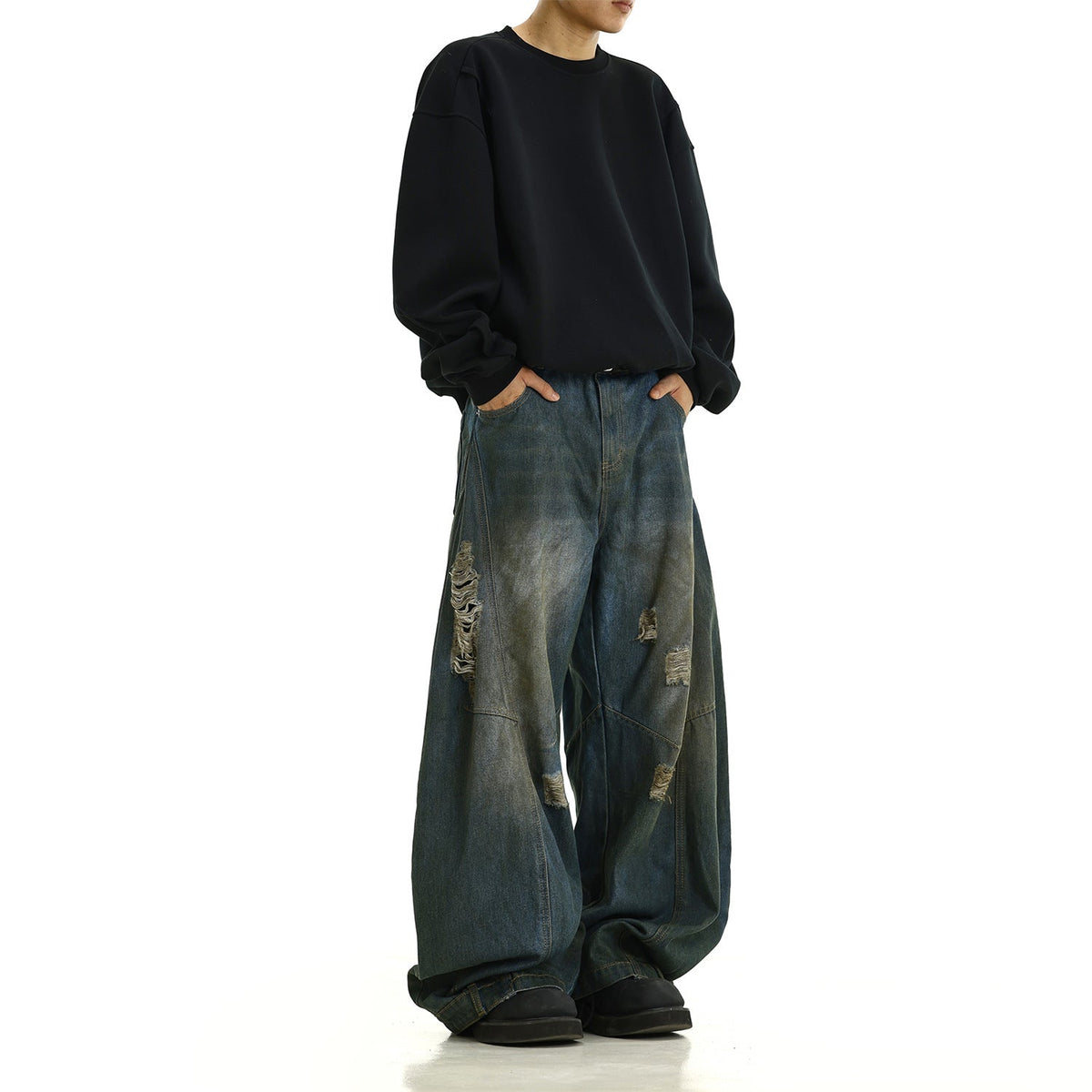 Vintage Washed Distressed Jeans with Holes and Stains