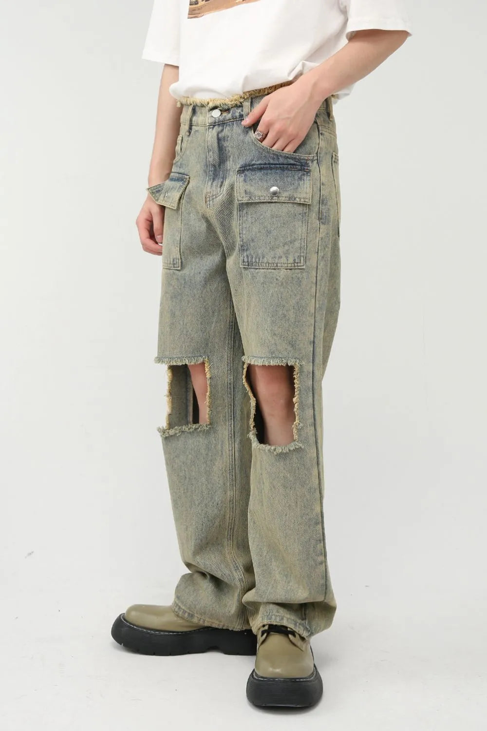 Raw Hem Distressed Jeans in Japanese Denim