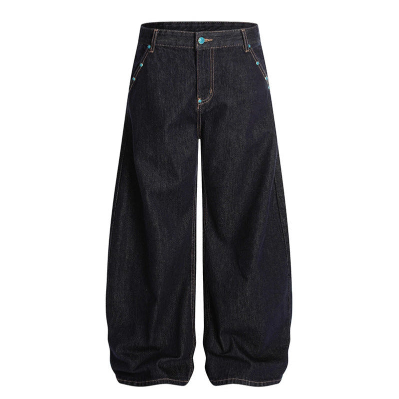 Turquoise Buckle Decoration Original Cow Solid Color Jeans