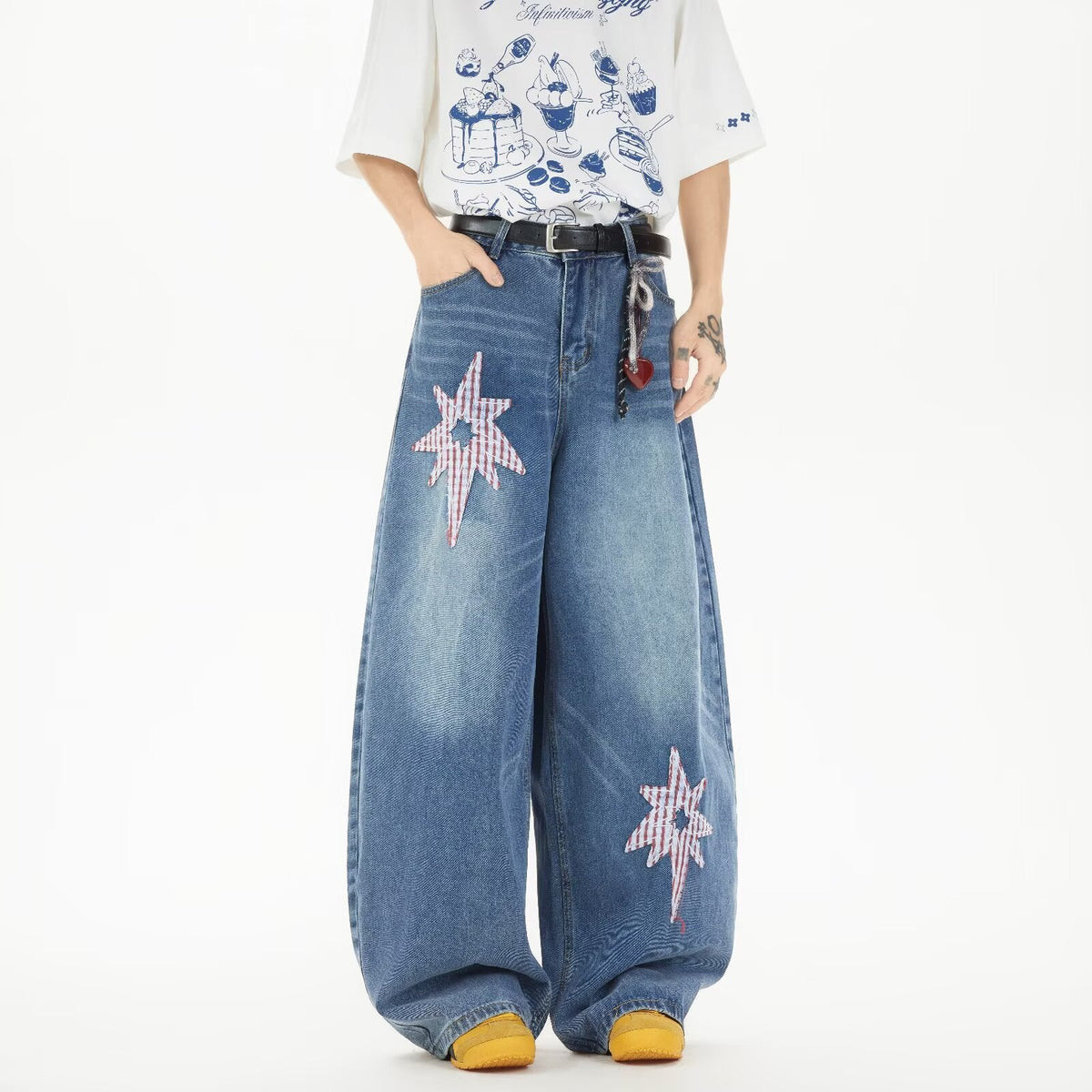 Star Patch Embroidered Denim Wide Legged Casual Pants