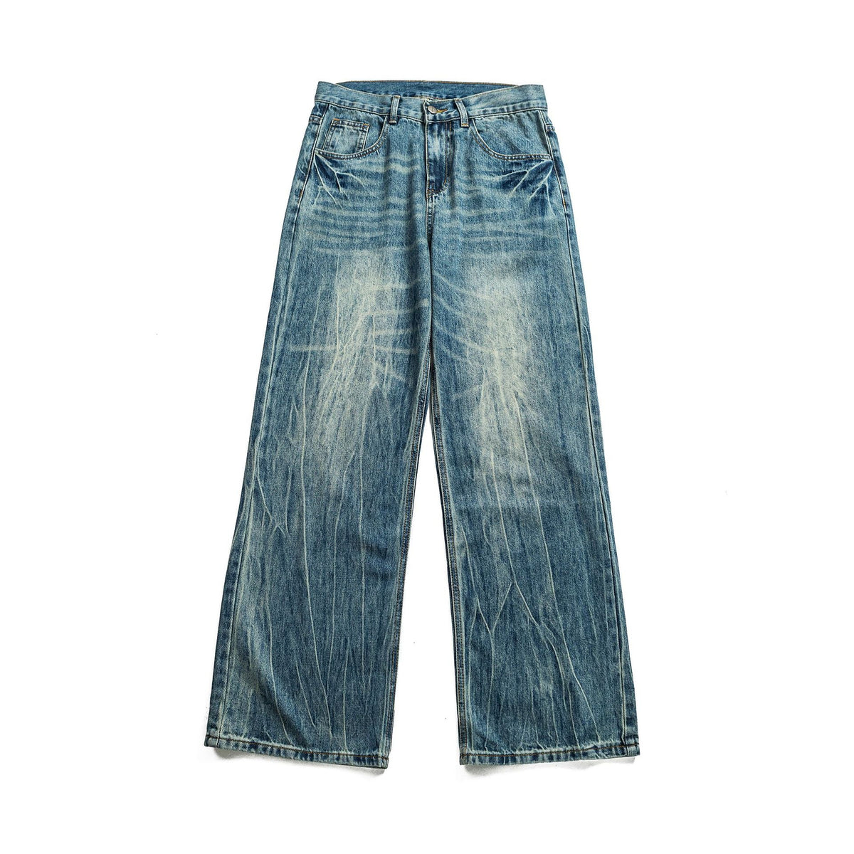 Lightning Crack Pattern Distressed Washed Denim High Waist Zipper Jeans