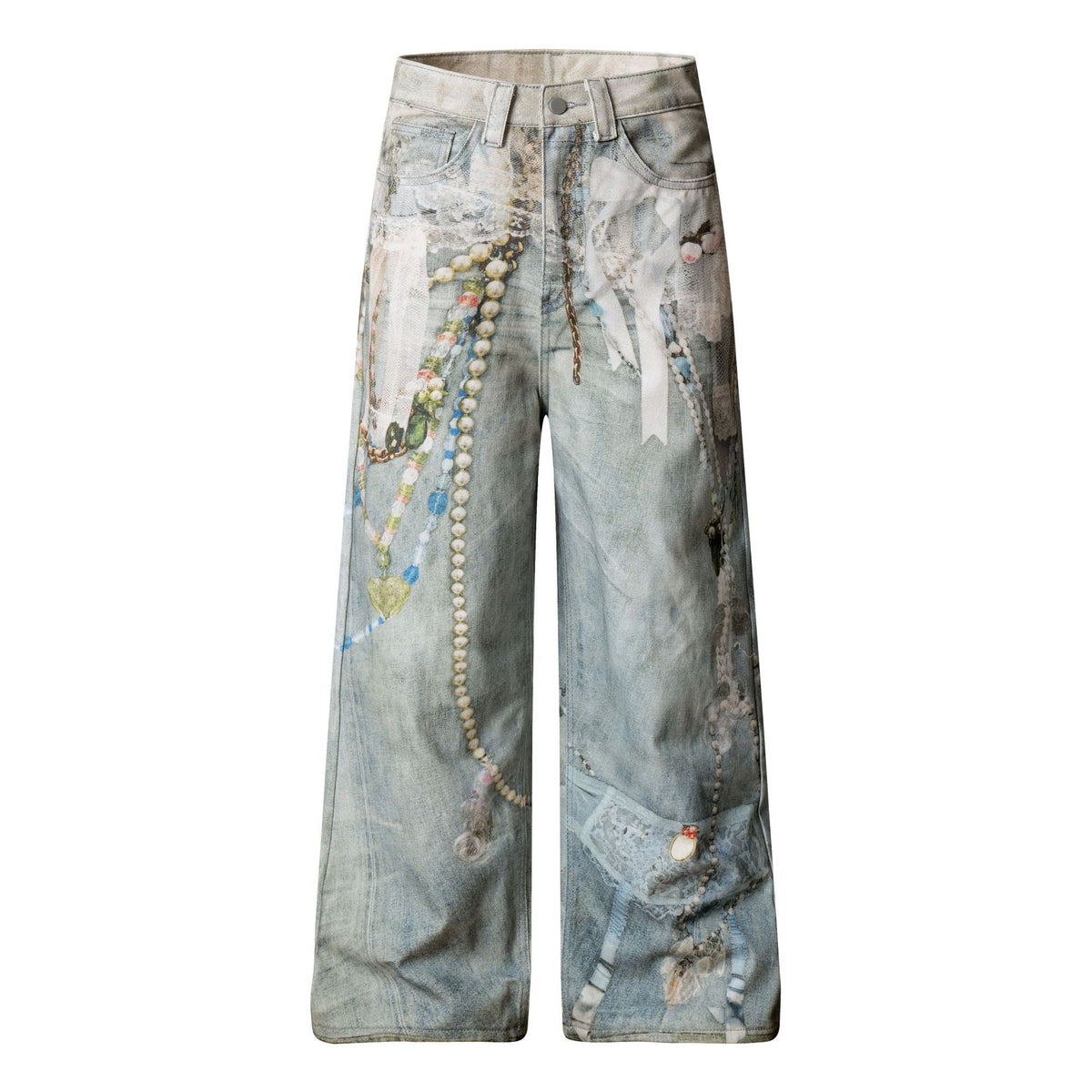 Printed Washed Denim Pants with Loose and Wide Legs