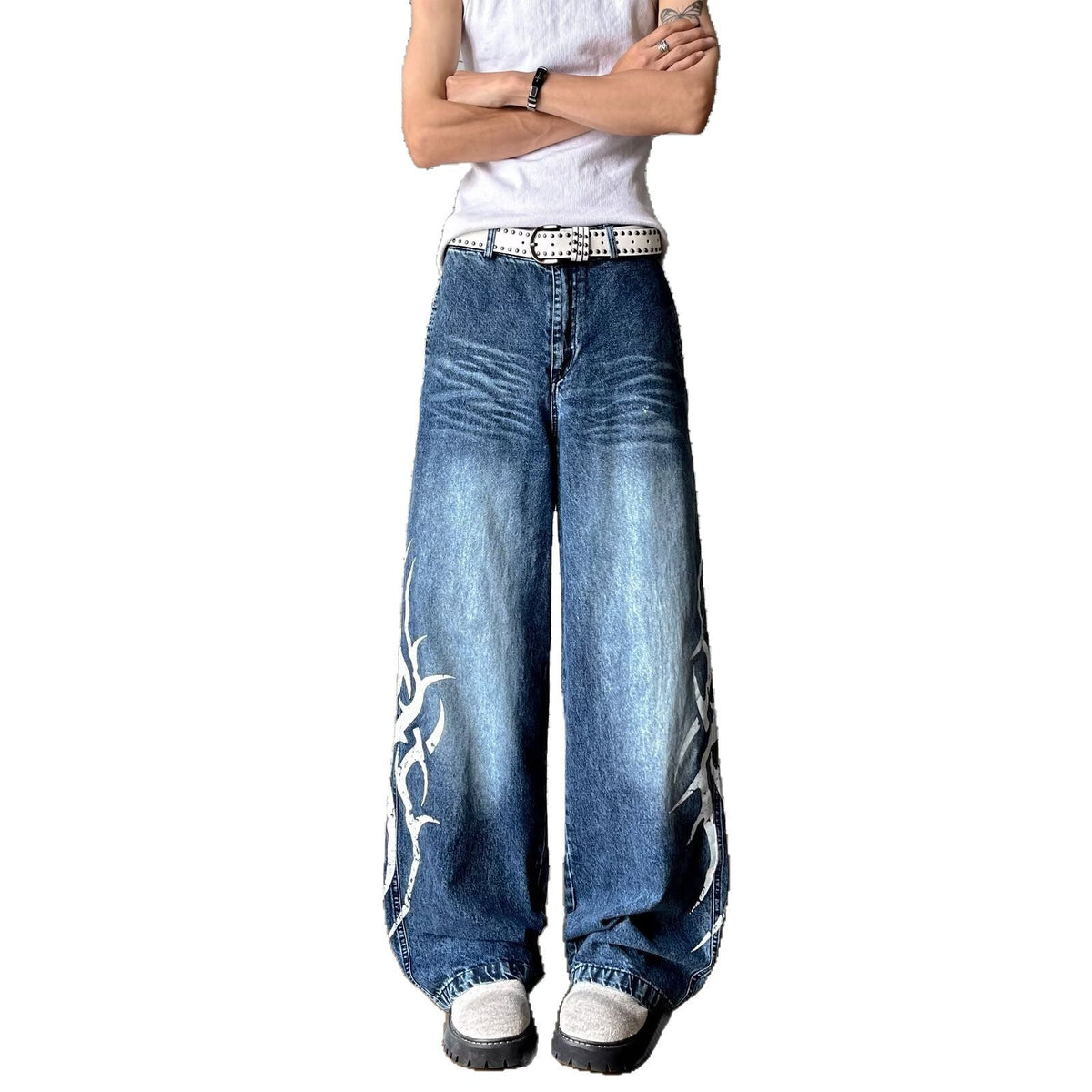Washed Totem Print Loose Straight Leg Denim Retro Wide Leg Casual Pants