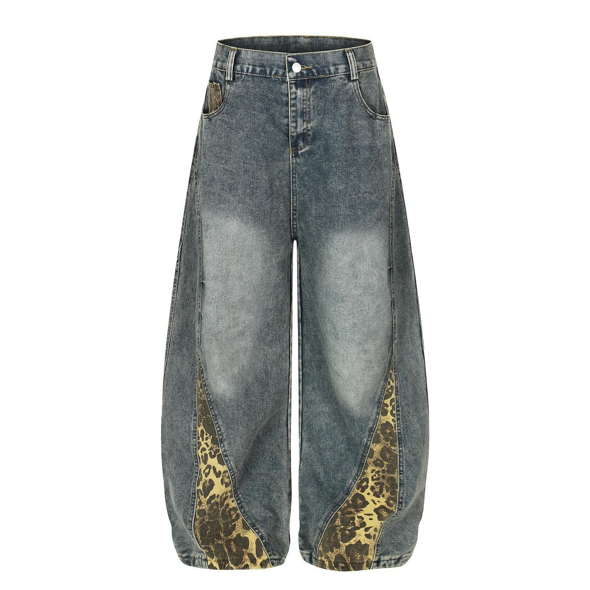 Leopard Print Patchwork Hanging Wide Leg Jeans