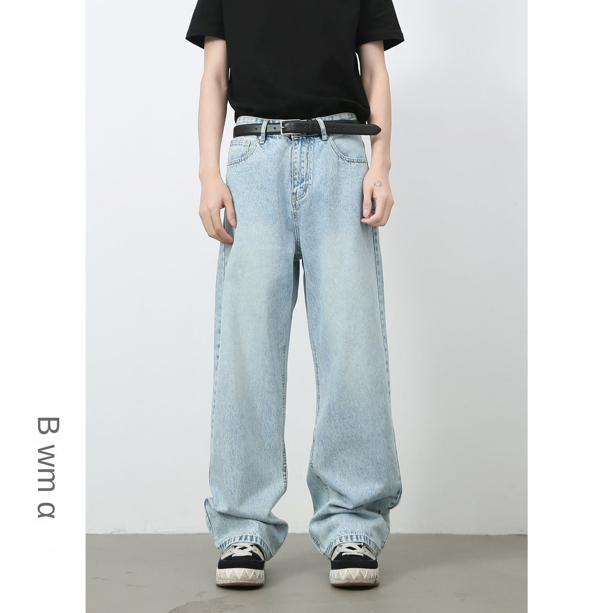 Basic Light Blue Denim Trousers for Men |  Style Loose Straight Leg Wide-Leg Long Pants