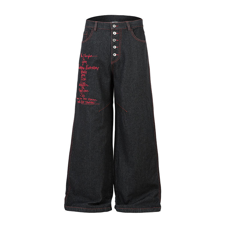 Men's Original Color Letter Embroidery Wide Leg Denim Jeans