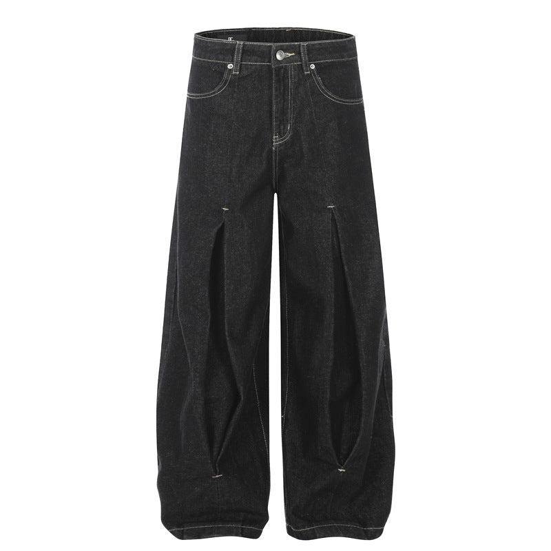 Design Loose Fit Slit Denim Black Tapered Jeans for Men