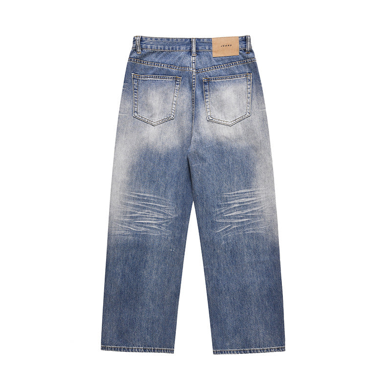 Wide Leg Denim Contrasting Color Spray Horse Chestnut Straight Leg Pants