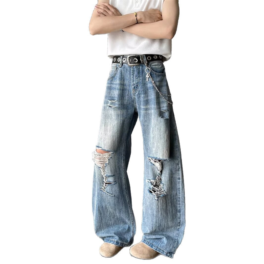 Straight Tube Loose Fit Distressed Bamboo Texture Wide Leg Pants