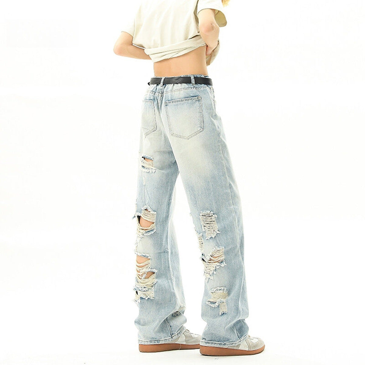 Washed Hanging Straight Leg Jeans - Loose Light Blue Long Pants