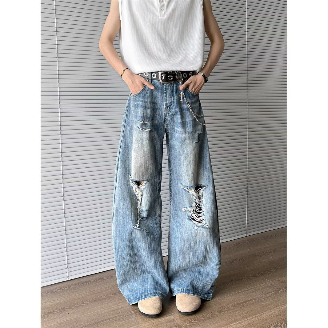 Straight Tube Loose Fit Distressed Bamboo Texture Wide Leg Pants