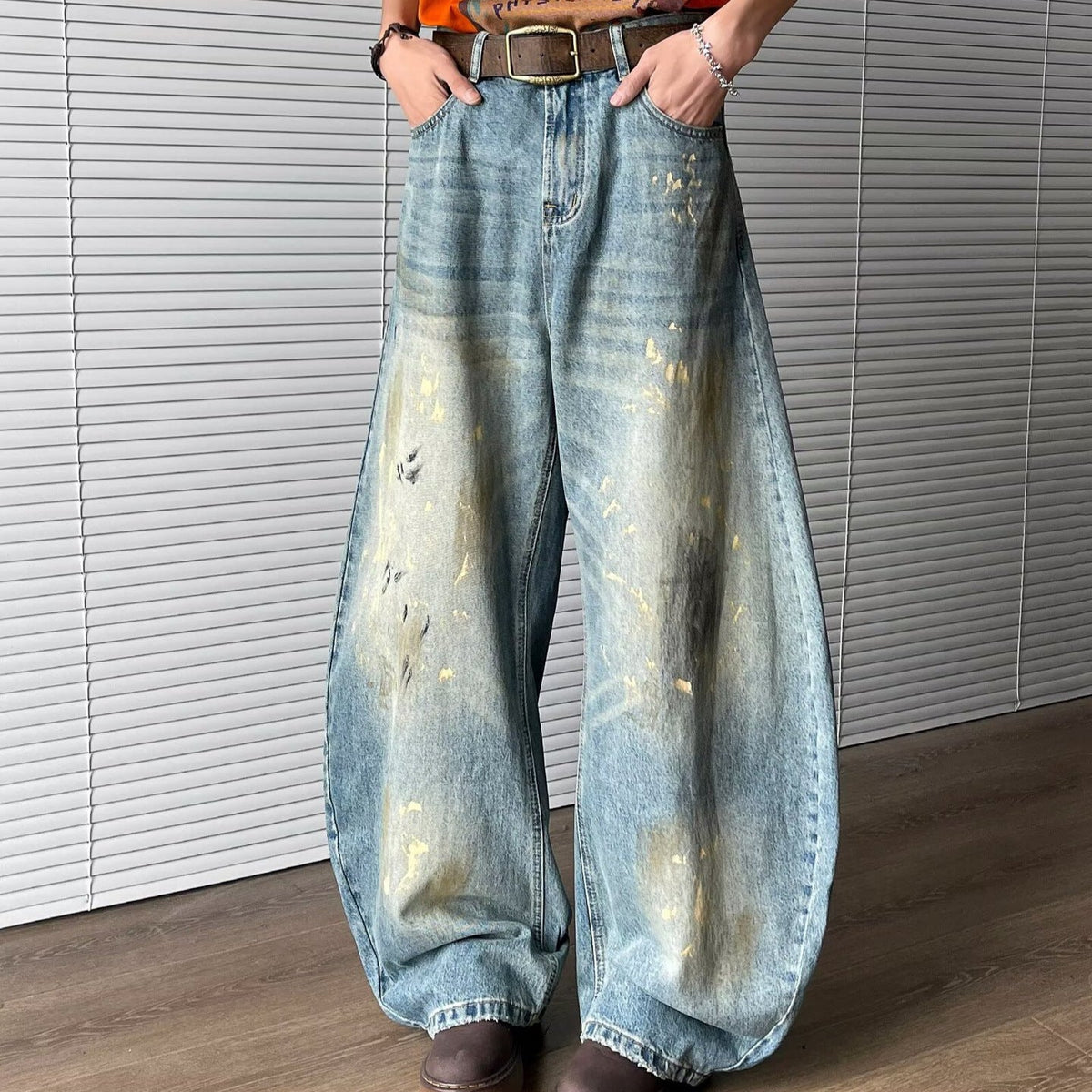Splash Ink Dirty Dye Destroyed Curved Knife Jeans