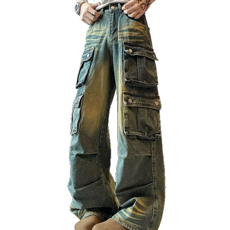 Washed and Worn Multi Pocket Wide Leg Hanging Long Pants