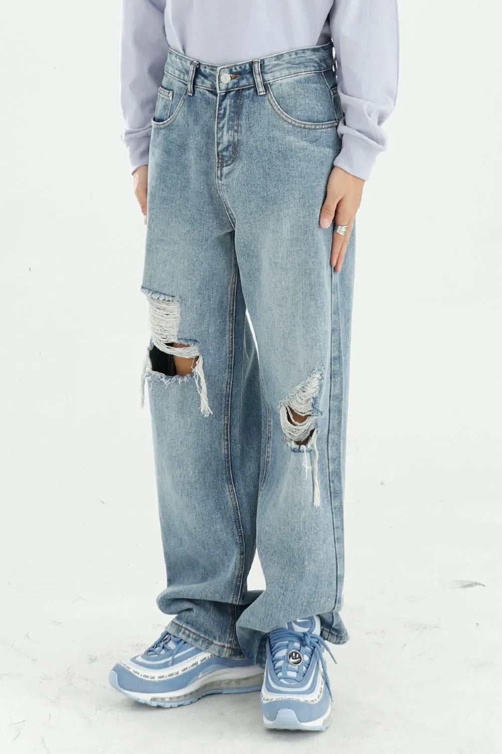 Distressed Wide Leg Jeans with Pockets – Premium Japanese Denim