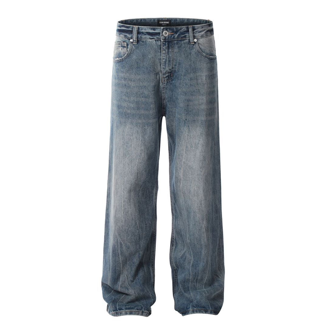 Blue Flared Denim Pants for Men and Women - Simple Clean Fit with Gathered Loose Straight Leg