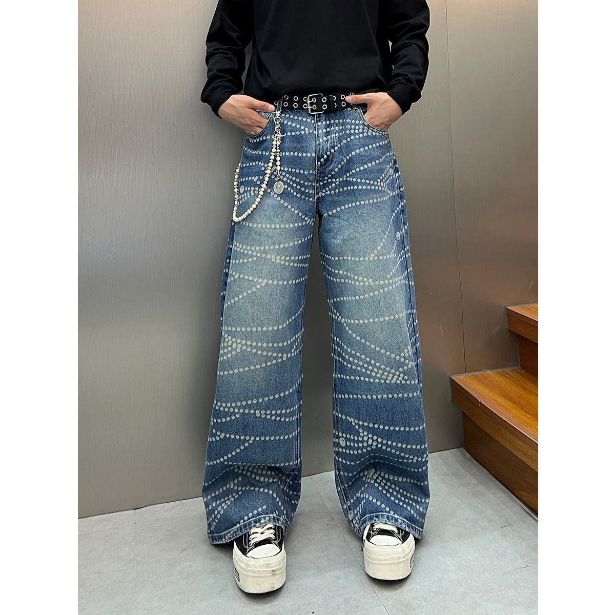 Printed Washed Denim Pants with Loose and Wide Legs