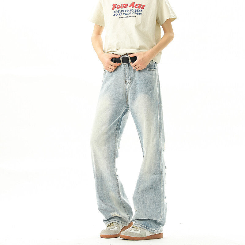 Washed Hanging Straight Leg Jeans - Loose Light Blue Long Pants