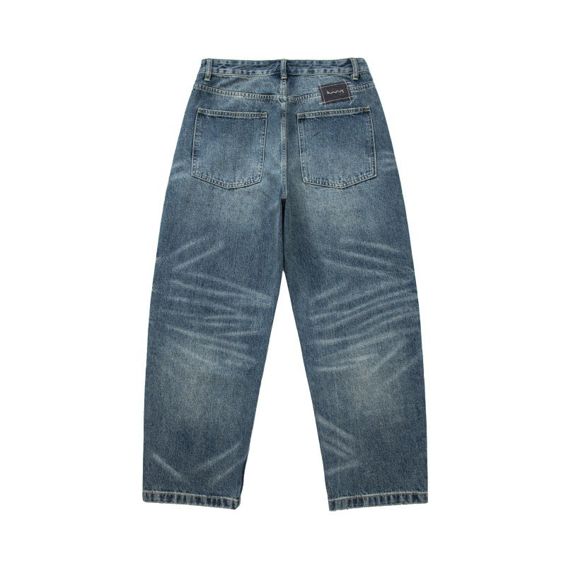 Loose Vintage Washed Catwhisker Denim Tapered Casual Pants