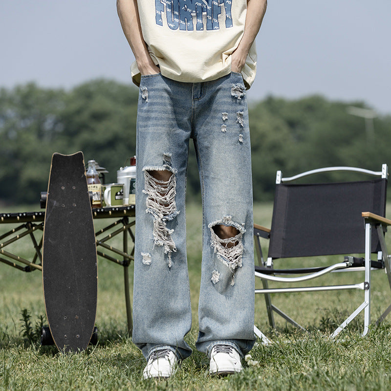 Loose Straight Leg Wide Leg Long Pants - Blue Denim