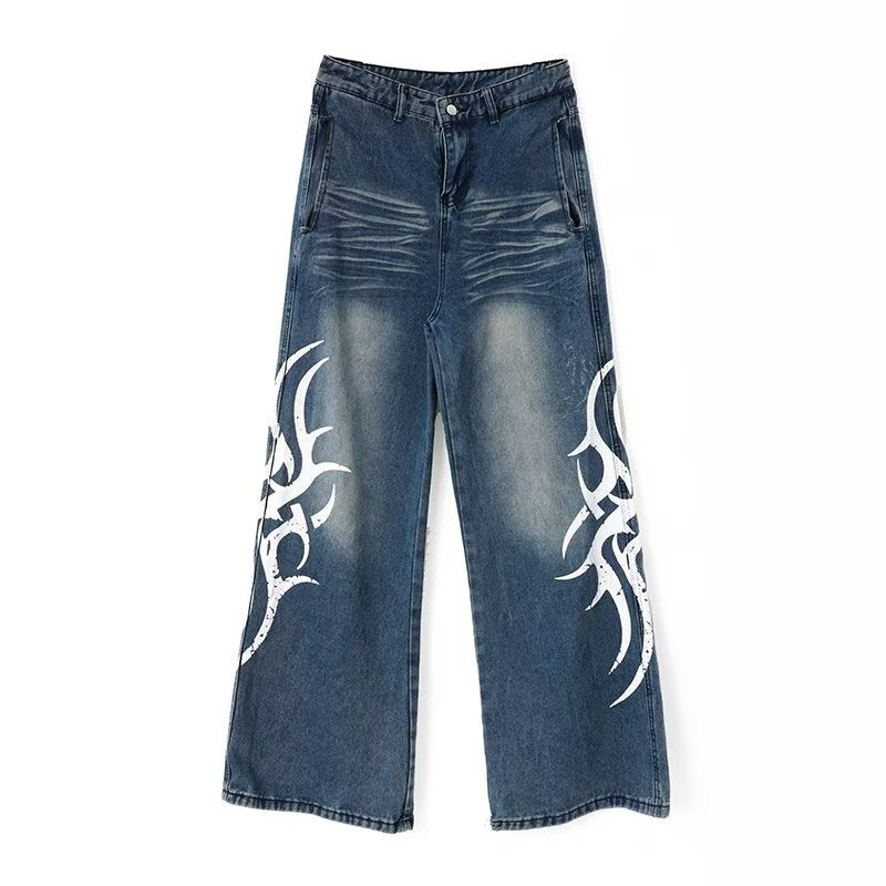 Printed Wide Leg Denim Loose Gradient Straight Leg Floor Pants
