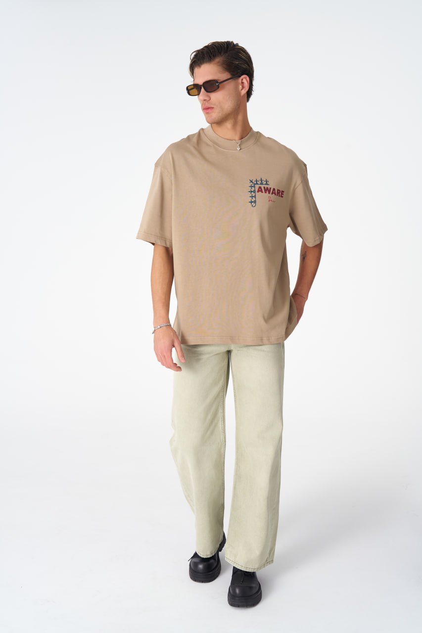 Oversize Cotton Tee / "AWARE" Dove Hands Symbolic Graphic Print