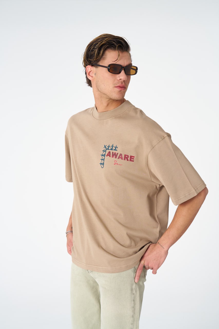 Oversize Cotton Tee / "AWARE" Dove Hands Symbolic Graphic Print