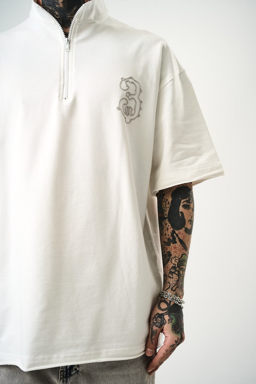 Oversize Cotton Tee - Half-Zip High Neck Chain Graphic Shirt