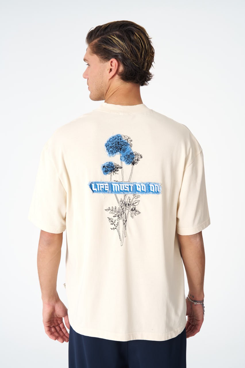 Oversize Cotton Tee - "Life Must Go On" Patch & Plant Graphic
