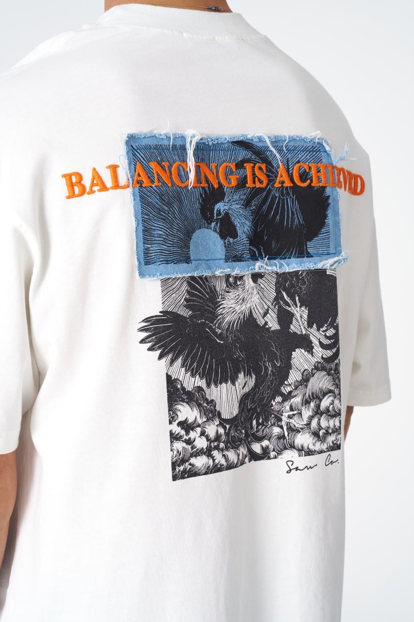 Oversize Cotton Tee / Mythical Bird & Waves Graphic Print "Balancing Is A Chaotic"