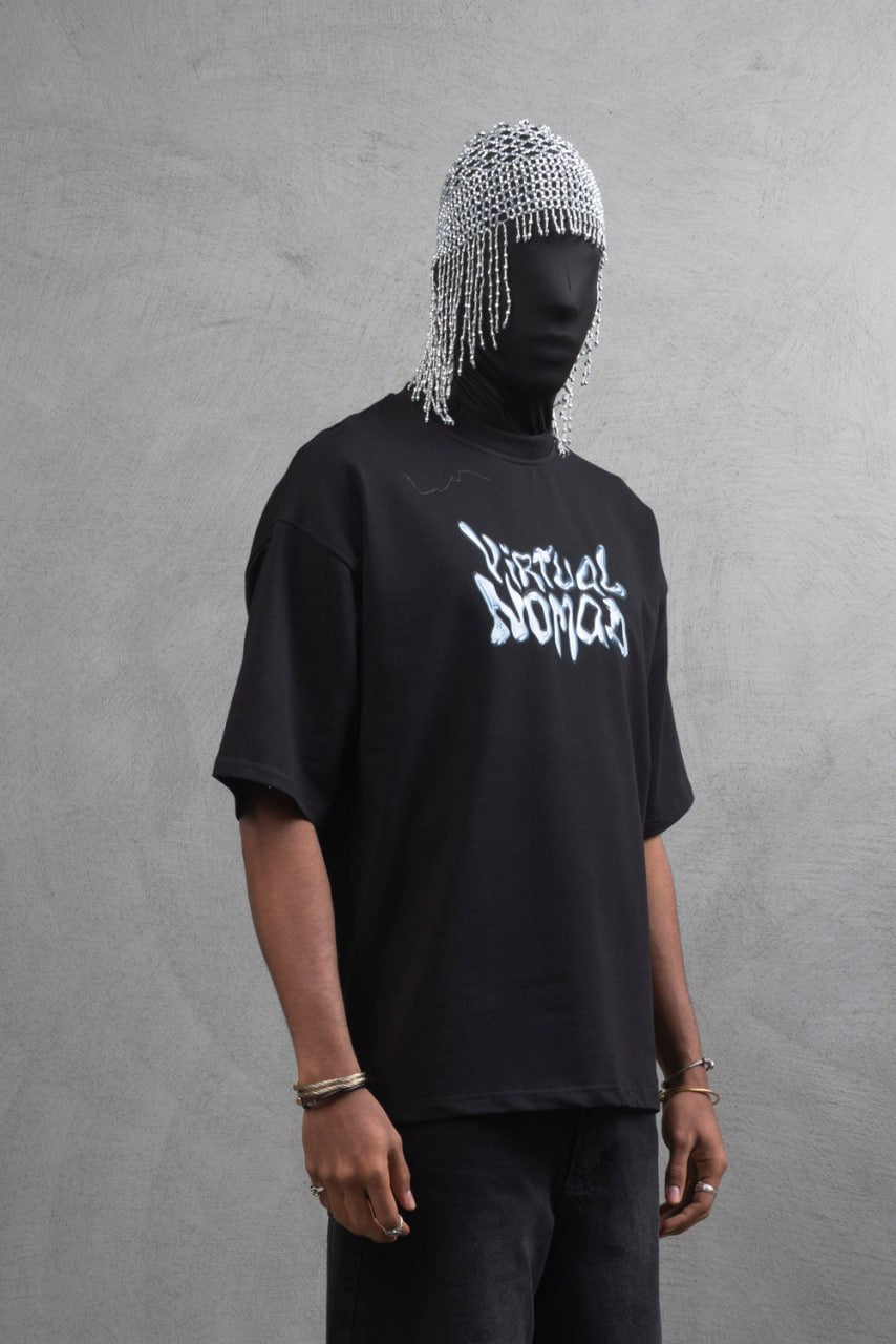 Oversize Cotton Tee – "Virtual Nomad" Graphic Print