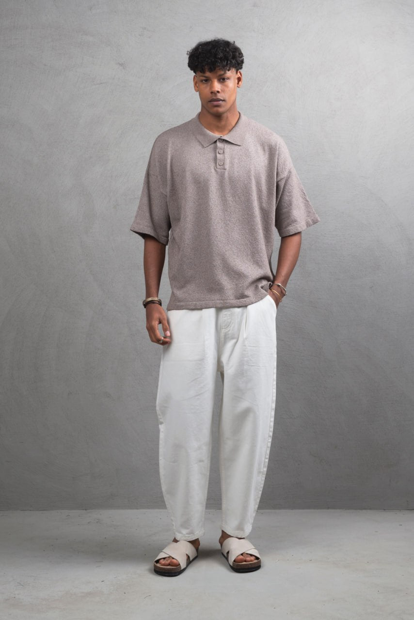 Oversize Textured Cotton Polo Tee – 3-Button Collar Relaxed Fit Shirt